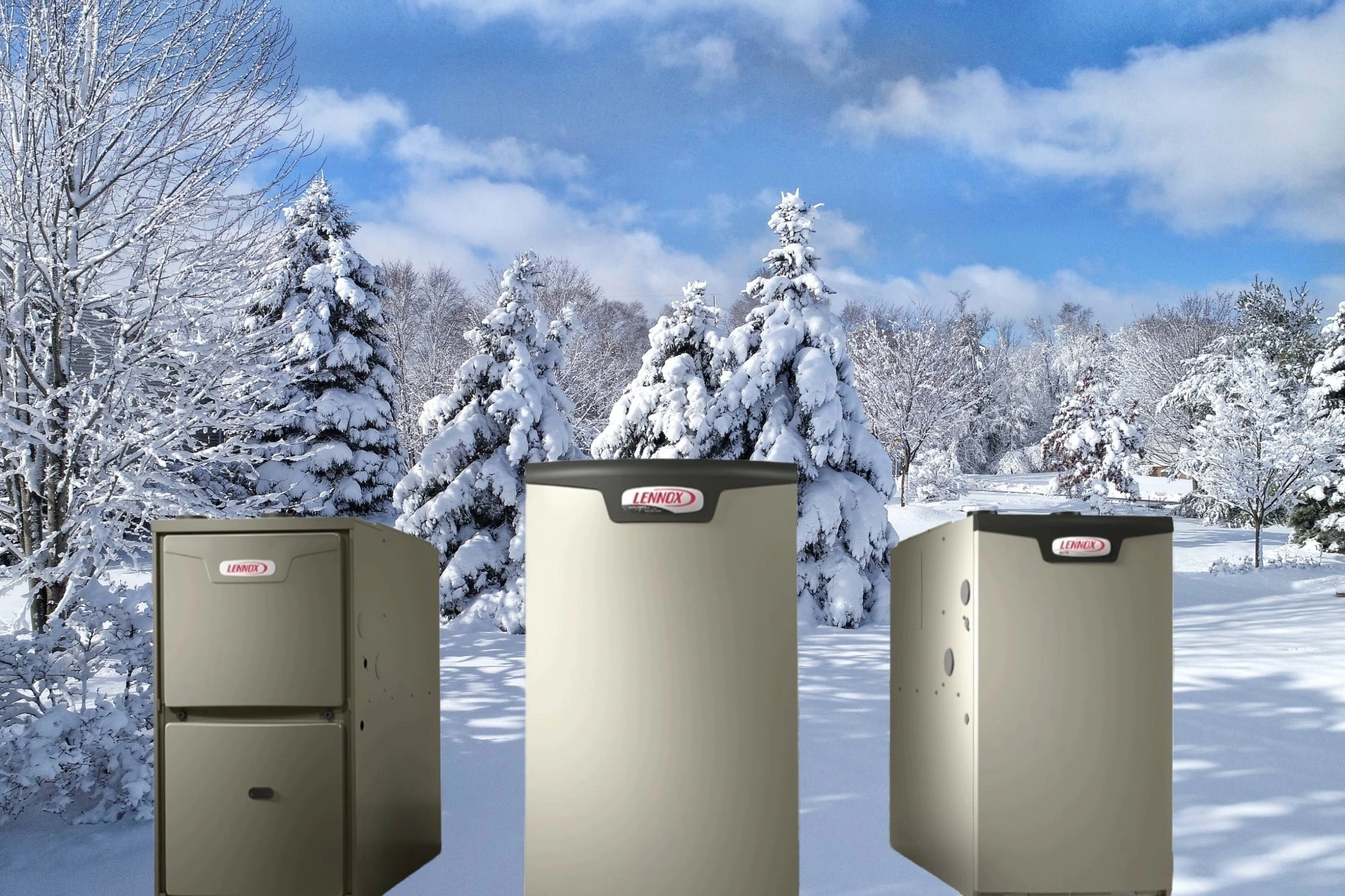  Lennox high-efficiency furnaces in a snowy winter landscape – Schmidt Heating and Cooling HVAC heating solutions